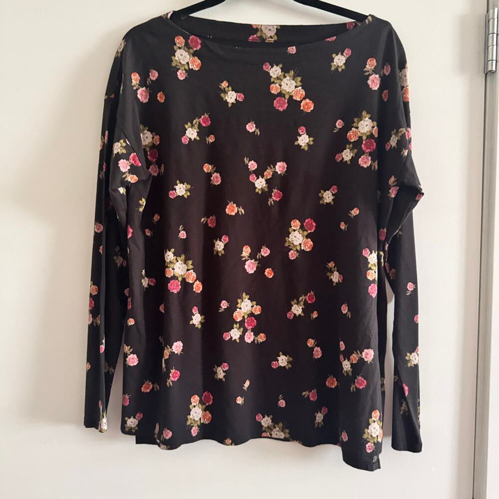 J Jill Luxe Supima Boat Neck Tee Top Black Floral Pullover Long Sleeve Sz M